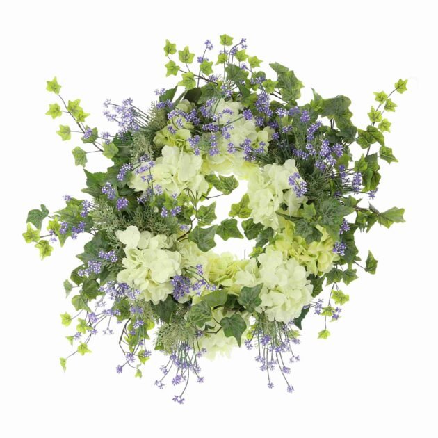 27" Wreath with White and Green Hydrangeas, Lavender Heather and Ivy