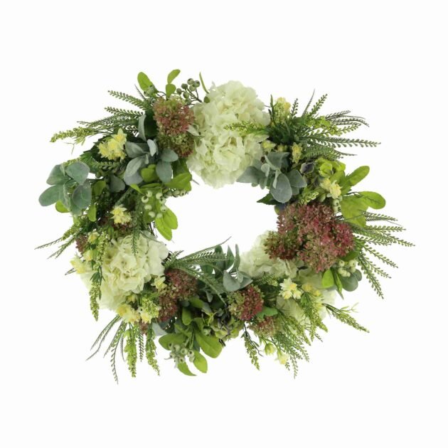 27" Wreath with Purple and White Hydrangeas, Heather and Lamb's Ear