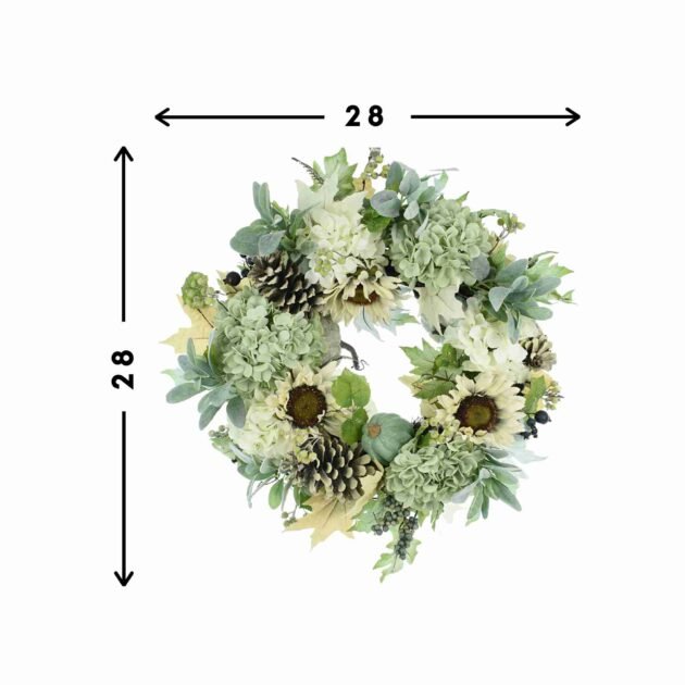 28" Fall Wreath with Sunflowers, Blue and White Hydrangeas and Lamb's Ear - Image 2