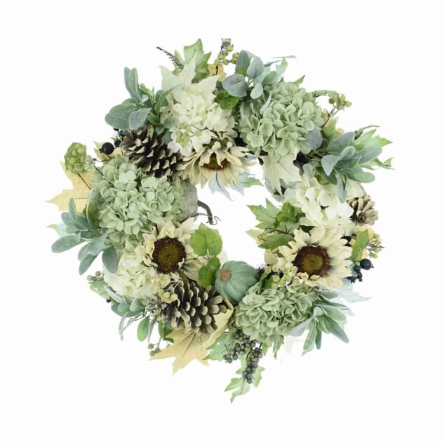 28" Fall Wreath with Sunflowers, Blue and White Hydrangeas and Lamb's Ear