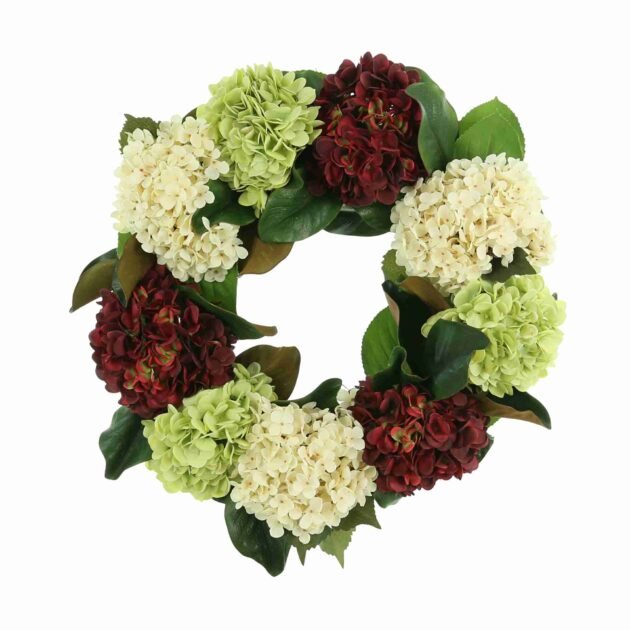 24" Fall Wreath with Burgundy, Cream and Green Hydrangeas