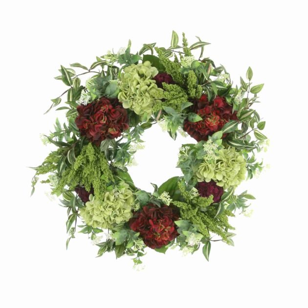 28" Wreath with Burgundy and Green Hydrangeas, Ivy and Small White Flowers