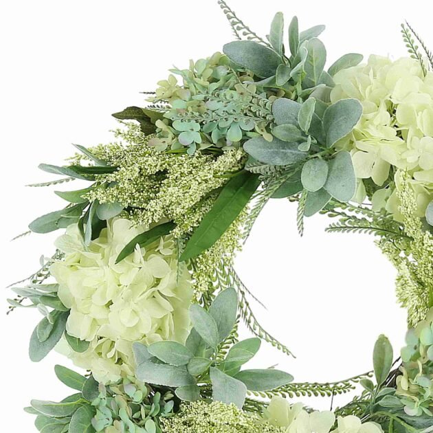 26" Floral Wreath with Teal and White Hydrangeas, Heather and Lamb's Ear - Image 3