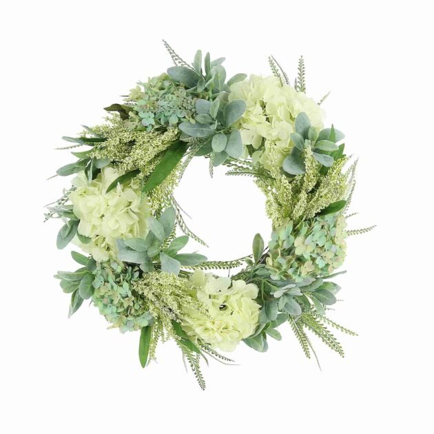26" Floral Wreath with Teal and White Hydrangeas, Heather and Lamb's Ear