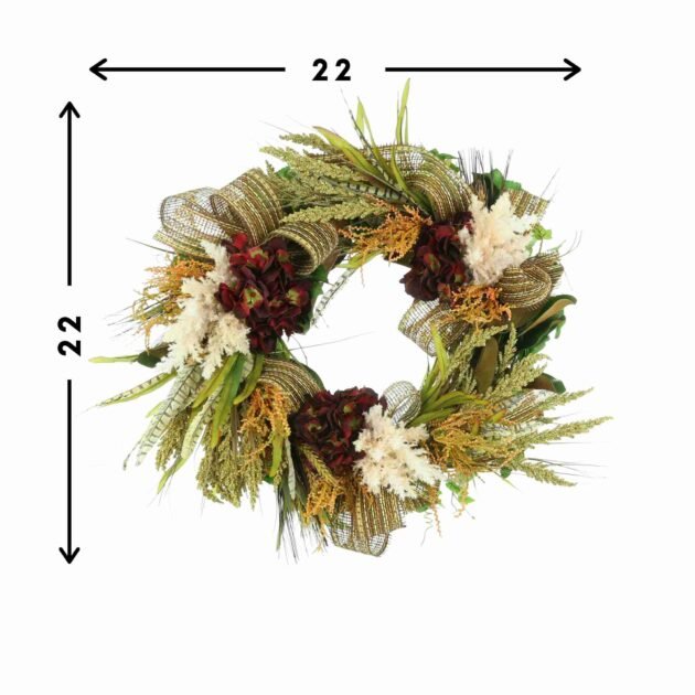 22" Fall Wreath with Burgundy Hydrangeas, Wheat, Pampas and Bows - Image 2