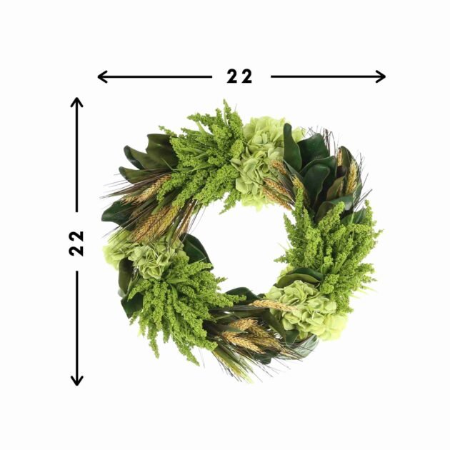 22" Green Heather and Hydrangea Wreath with Magnolia Leaves - Image 2