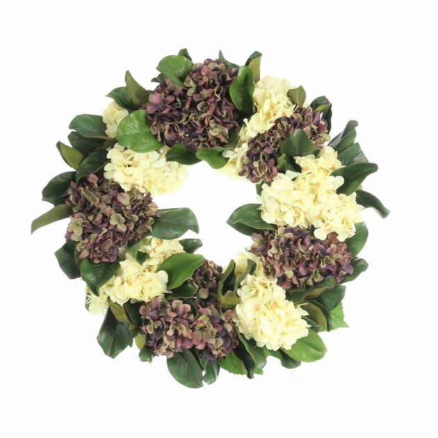 28" Cream and Plum Hydrangea wreath with Magnolia Leaves
