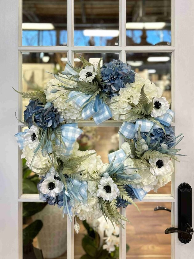 27" Floral Wreath with Anemones, Hydrangeas and Bows - Image 2
