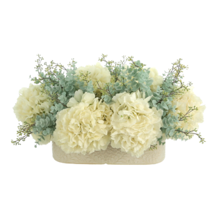 Hydrangea and Eucalyptus Arrangement in an Oblong Ceramic Vase