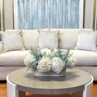 Hydrangea and Eucalyptus Arrangement in an Oblong Ceramic Vase - Image 2