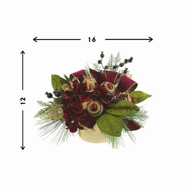 Burgundy Hydrangea Holiday Arrangement with Ornaments and Berries - Image 2