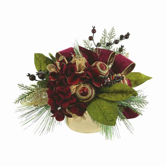 Burgundy Hydrangea Holiday Arrangement with Ornaments and Berries