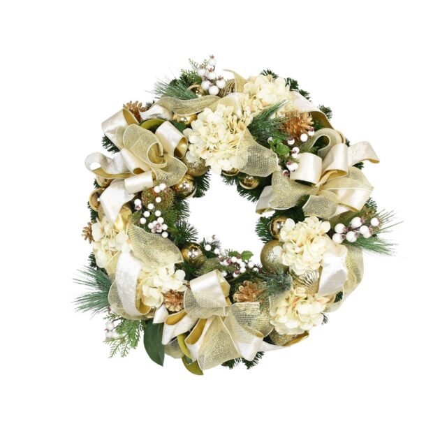32" Christmas Holiday Wreath with Hydrangeas, Berries and Velvet Bows
