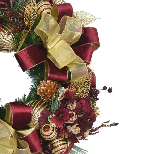 26" Christmas Holiday Wreath with Hydrangeas, Ornaments and Velvet Bows - Image 2