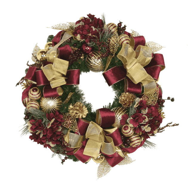 26" Christmas Holiday Wreath with Hydrangeas, Ornaments and Velvet Bows