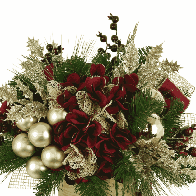 Hydrangea and Pine Holiday Arrangement in Fiberstone Pot - Image 3