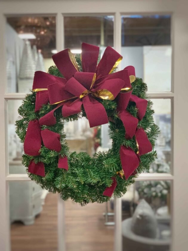 26" Christmas Holiday Evergreen Wreath with Large Velvet Bow - Image 2