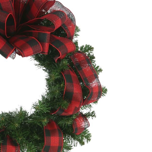 26" Christmas Holiday Evergreen Wreath with a Large Plaid Bow - Image 4