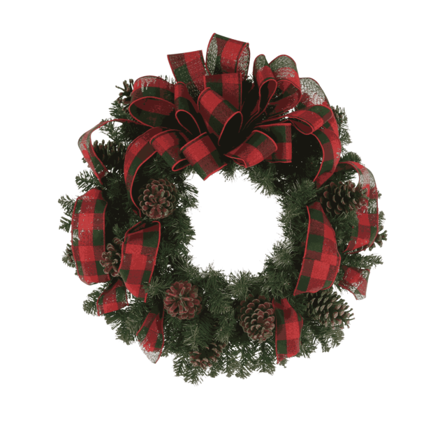 26" Christmas Holiday Evergreen Wreath with Plaid Bow and Pinecones