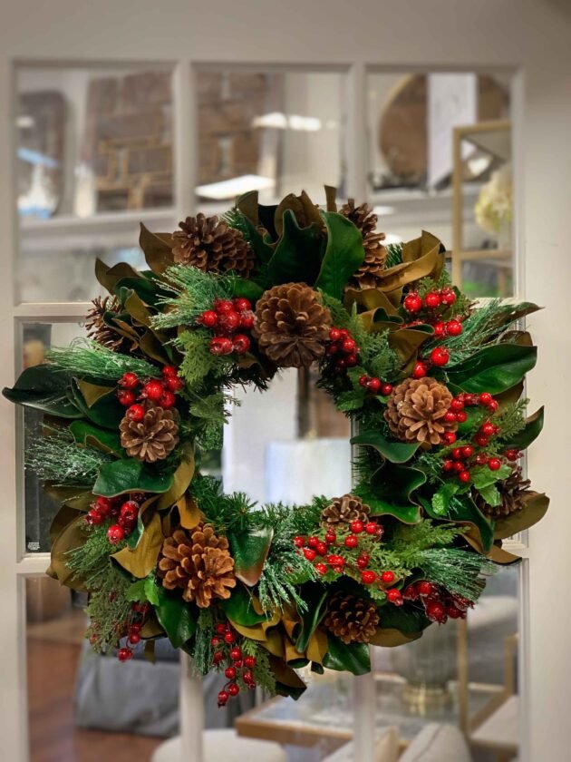 28" Evergreen Wreath with Berries and Pinecones - Image 2