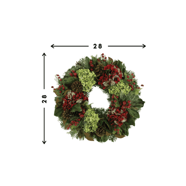 28" Christmas Holiday Evergreen Wreath with Hydrangeas, Berries and Pinecones - Image 4