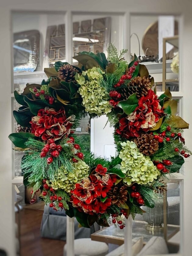 28" Christmas Holiday Evergreen Wreath with Hydrangeas, Berries and Pinecones - Image 2