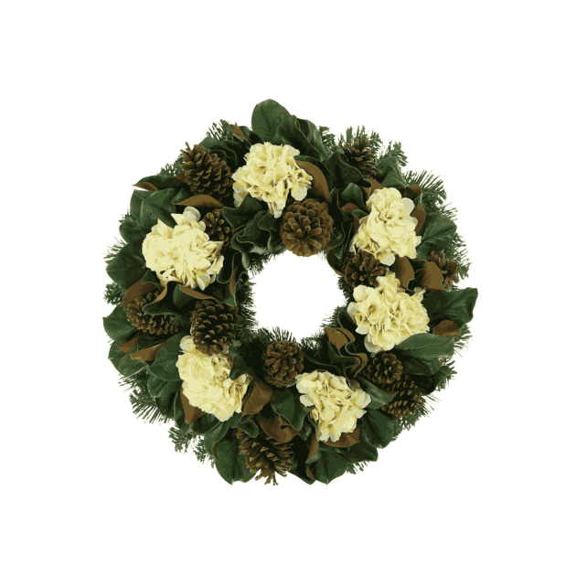 28" Christmas Holiday Evergreen Wreath with Hydrangeas, Magnolia Leaves and Pinecones