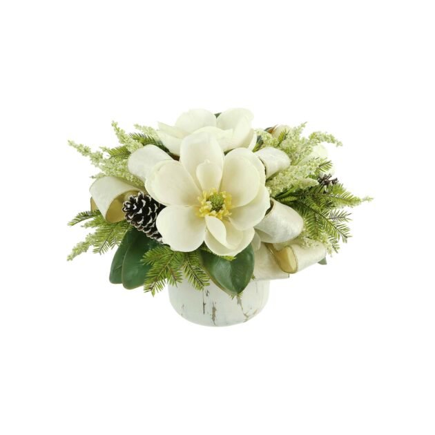 Magnolia and Heather Holiday Floral in Marble Ceramic Pot