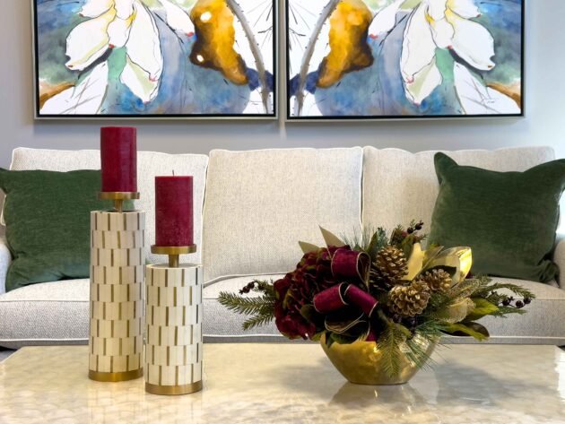Hydrangea and Pinecone Centerpiece in Gold Ceramic Pot - Image 2