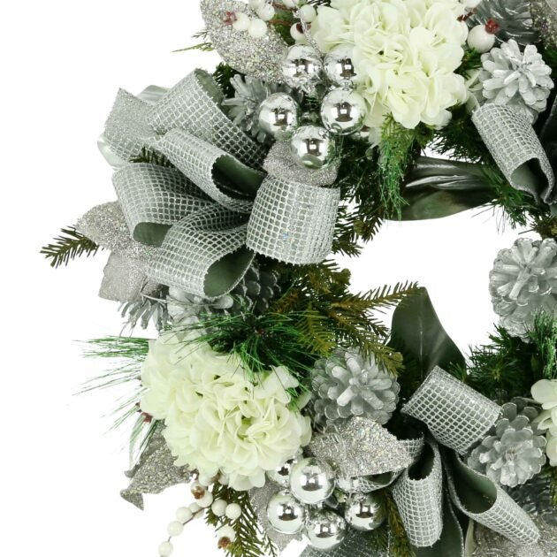 24" Christmas Holiday Wreath with Hydrangeas, Ornaments and Ribbon - Image 3