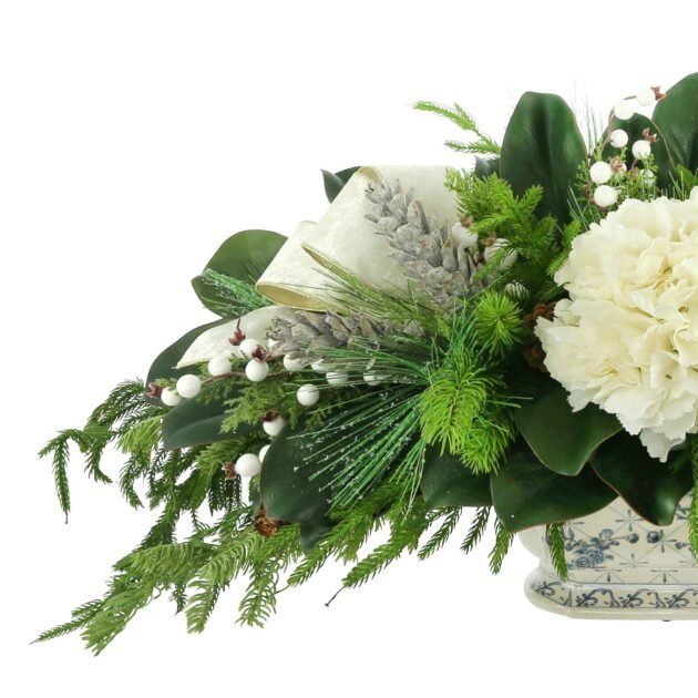 Evergreen and Pinecone Holiday Arrangement in Blue and White Pot - Image 3
