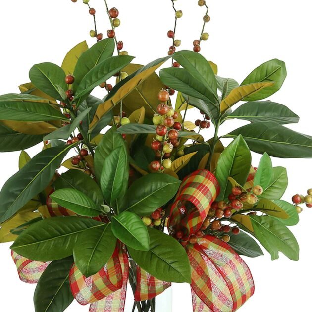 Magnolia Leaf and Berry Holiday Floral Arrangement with Plaid Bows - Image 2