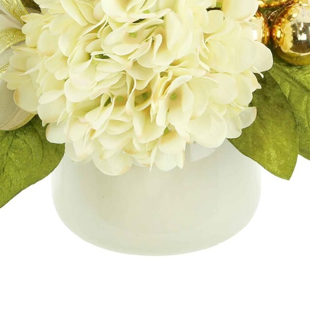 Hydrangea Holiday Arrangement with Magnolia Leaves and Ornaments - Image 4