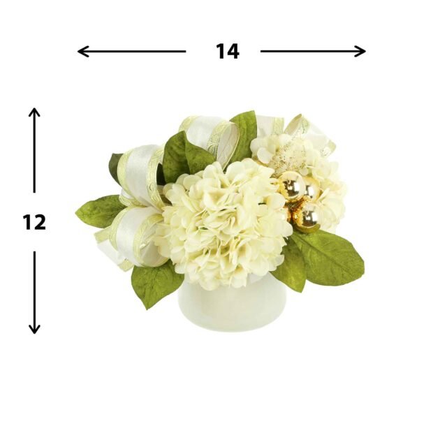 Hydrangea Holiday Arrangement with Magnolia Leaves and Ornaments - Image 2