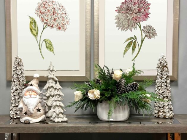 Rose and Evergreen Holiday Arrangement in a Ceramic Pot - Image 2