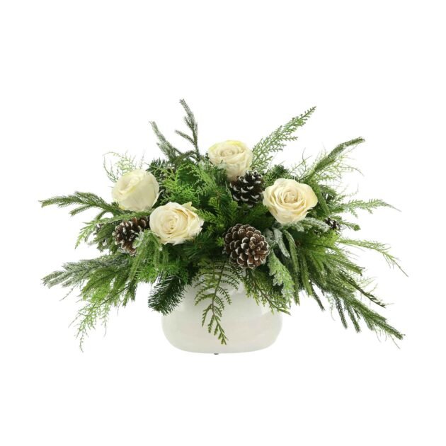 Rose and Evergreen Holiday Arrangement in a Ceramic Pot