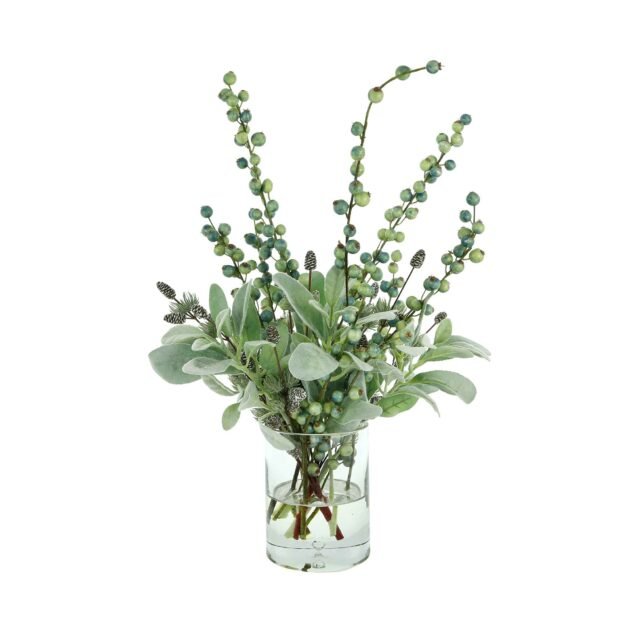 Lamb's Ear and Berry Holiday Floral in a Glass Vase