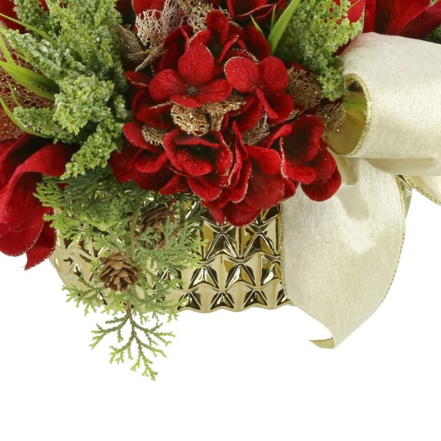 Heather and Hydrangea Holiday Arrangement with Bows in a Ceramic Pot - Image 4