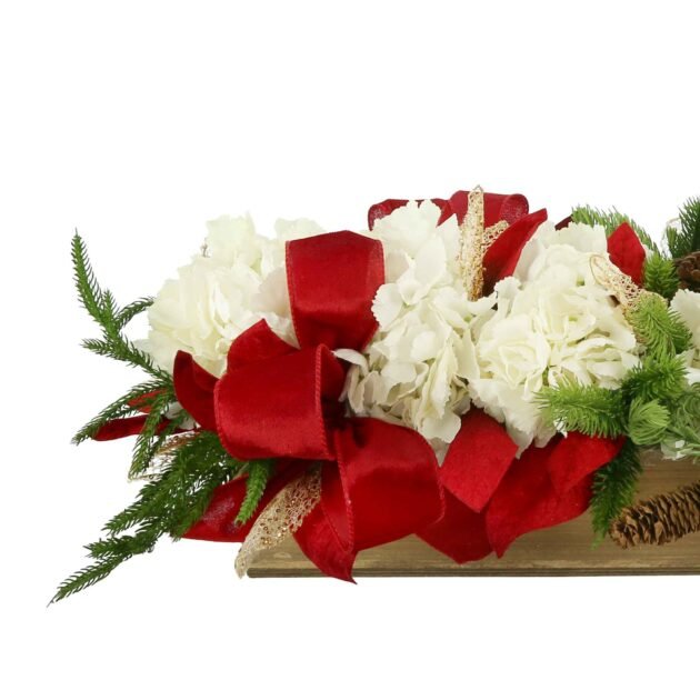 Hydrangea Holiday Centerpiece with Bows in a Wood Planter - Image 3