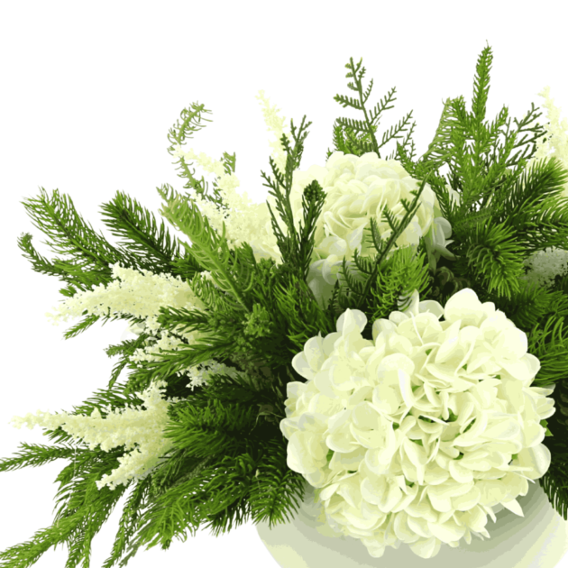 Hydrangea and Pine Arrangement in Ceramic Pedestal Vase - Image 3