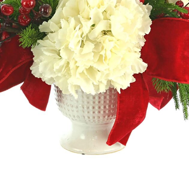 Evergreen and Hydrangea Holiday Arrangement in Ceramic Pedestal Vase - Image 4