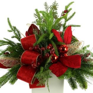 Holiday Evergreen Arrangement with Ornaments and Bows - Image 3