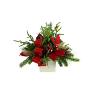 Holiday Evergreen Arrangement with Ornaments and Bows