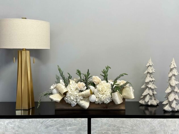 Rose Holiday Centerpiece with Hydrangeas and Evergreen in a Wood Planter - Image 2