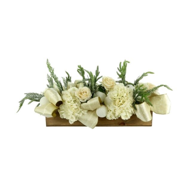 Rose Holiday Centerpiece with Hydrangeas and Evergreen in a Wood Planter