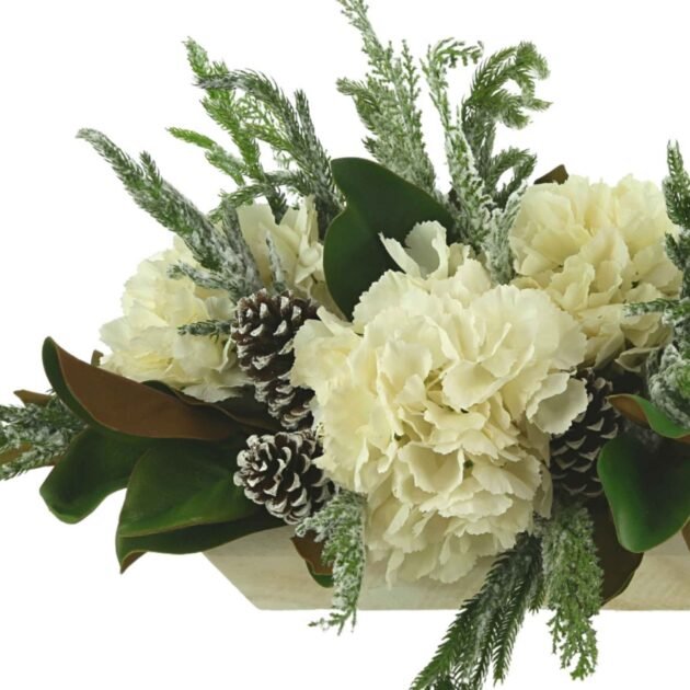 Hydrangea and Snowy Evergreen Holiday Centerpiece in a Wood Planter - Image 3
