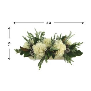 Hydrangea and Snowy Evergreen Holiday Centerpiece in a Wood Planter - Image 4