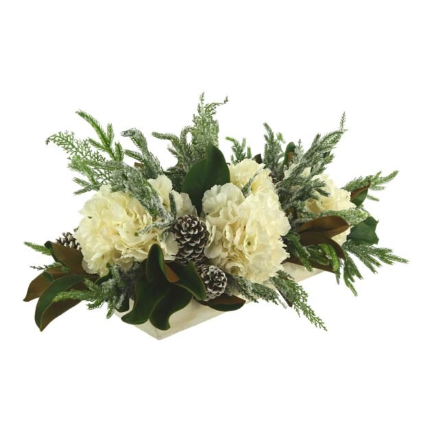 Hydrangea and Snowy Evergreen Holiday Centerpiece in a Wood Planter - Image 5