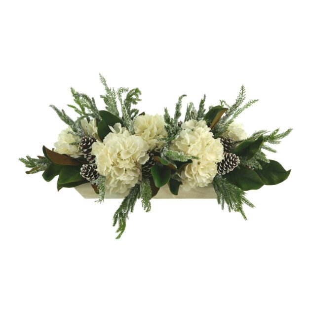 Hydrangea and Snowy Evergreen Holiday Centerpiece in a Wood Planter