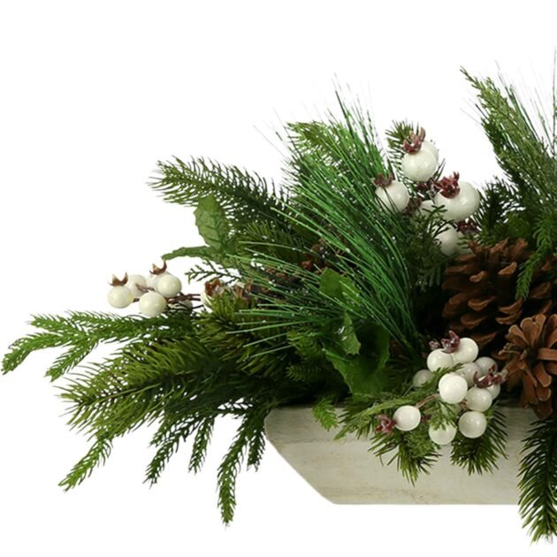 Pinecone and Evergreen Holiday Centerpiece in a Wood Planter - Image 4